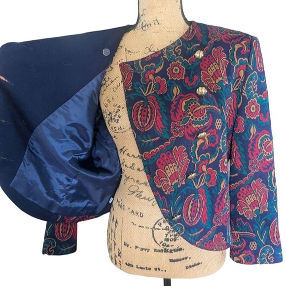 Vintage Crop Paisley Print Tailored Structured Designer Henry Lee Jacket Size 10 - Picture 12 of 14